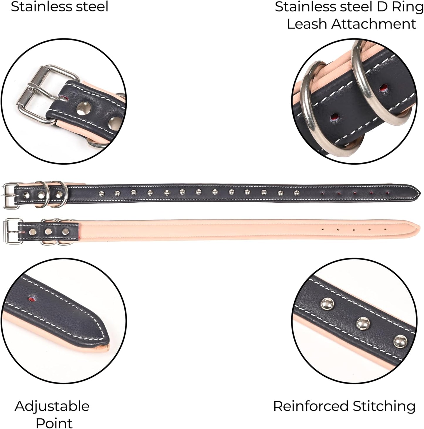 Genuine Leather Dog Collar, Heavy Duty Adjustable Durable Padded Neck Belt with Strong Metal Buckle & D-Ring for Walking, Training & Running - Dark Blue and Pink (Small: Fits 15–19" Necks)