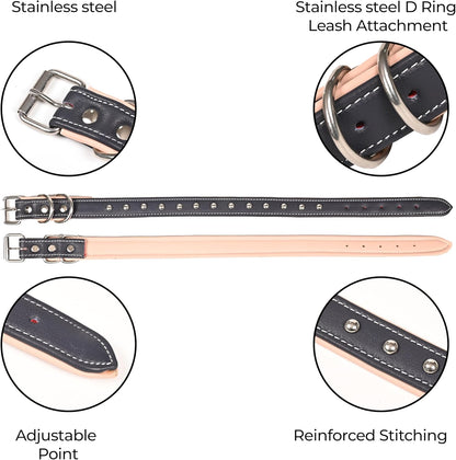 Genuine Leather Dog Collar, Heavy Duty Adjustable Durable Padded Neck Belt with Strong Metal Buckle & D-Ring for Walking, Training & Running - Dark Blue and Pink (Small: Fits 15–19" Necks)