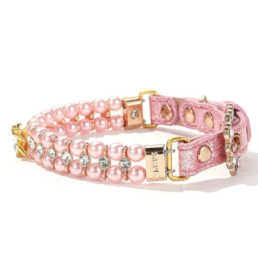 Adjustable Dog Cat Pearl Collars Rhinestone Bling Crystal Cat Necklace Luxury Jewelry PU Neck Strap for Small Dogs for Kitten