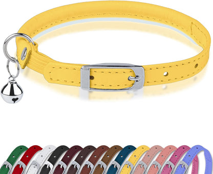 Rolled Leather Cat Collar with Bell, Reflective Kitten Collars with Buckle Include Safety Elastic Strap - Adjustable Small Pet Collars for Boy Girl Cats (White)