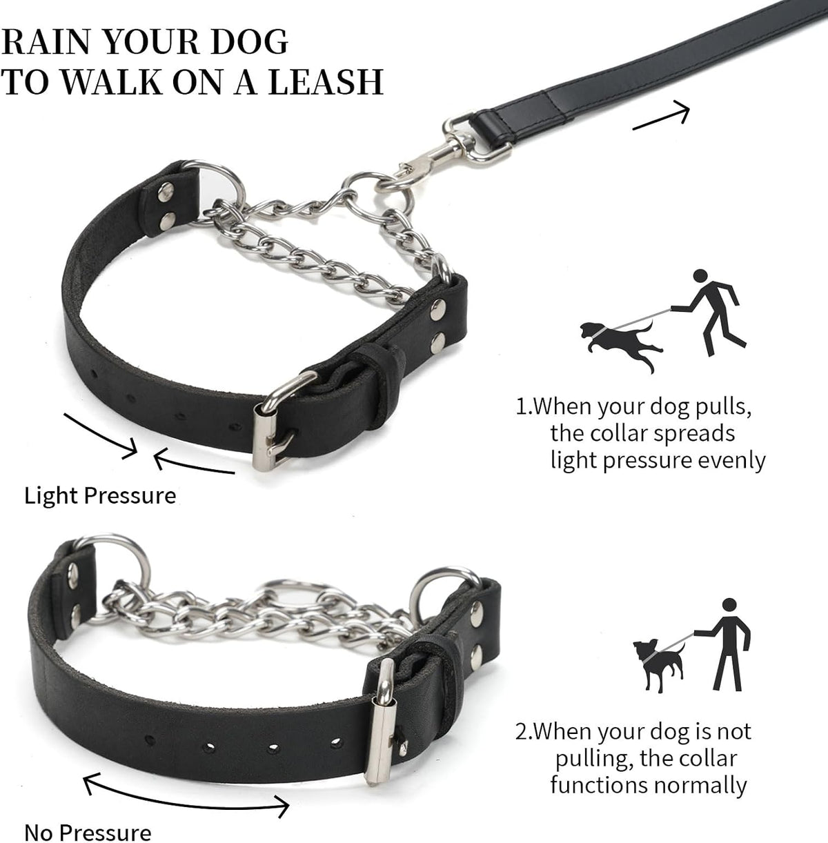 No-Pull Adjustable Martingale Collar for Dogs - Genuine Leather with Stainless Steel Chain, Anti-Slip Design for Small, Medium & Large Breeds - Black (M)