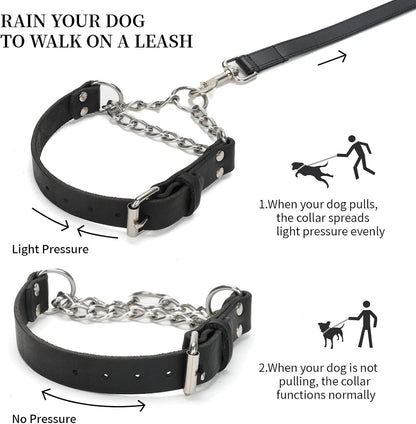 No-Pull Adjustable Martingale Collar for Dogs - Genuine Leather with Stainless Steel Chain, Anti-Slip Design for Small, Medium & Large Breeds - Black (M)