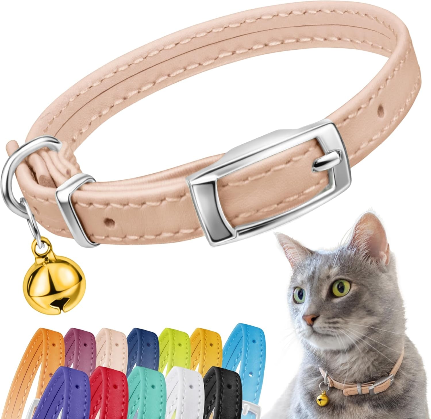 Leather Cat Collar with Removable Bell – Safety Elastic Strap (Breakaway Alternative) – Kitten Collar for Small & Big Boy & Girl Cats
