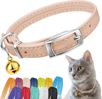 Leather Cat Collar with Removable Bell – Safety Elastic Strap (Breakaway Alternative) – Kitten Collar for Small & Big Boy & Girl Cats