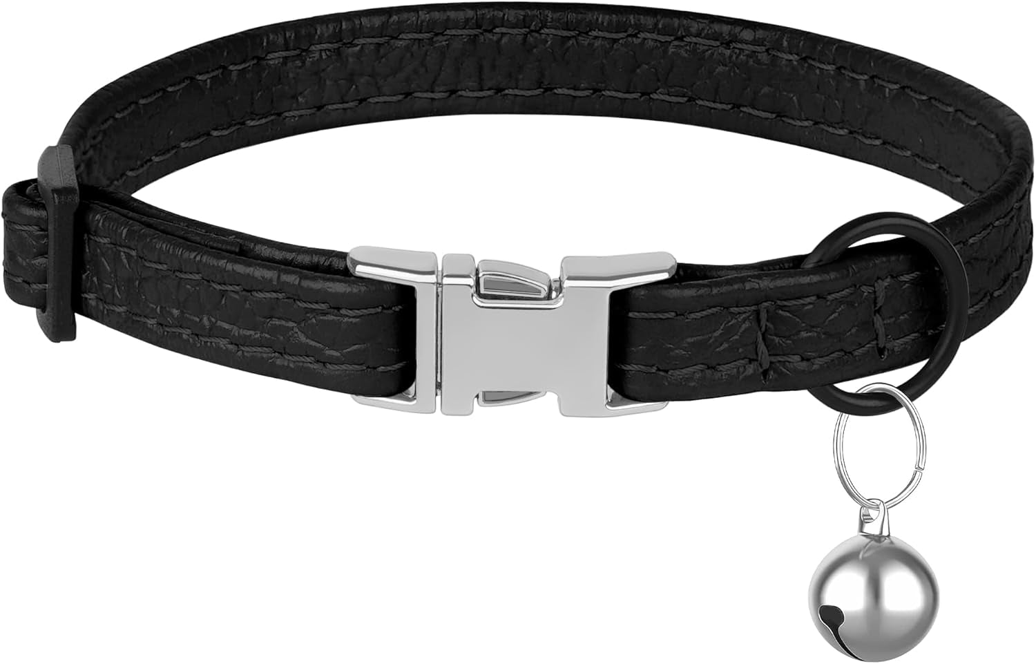 Leather Cat Collar with Buckle and Removable Bell - Non Breakaway Adjustable Soft Safety Small Pet Collars for Girl Boy Cats Kitten (Black)