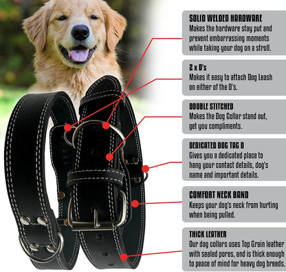 Leather Dog Collar with Reinforced Hardware, Heavy Duty Dog Collars for All Breeds, Made of Top Grain Genuine Leather That Is Soft & Durable (Black, MD)