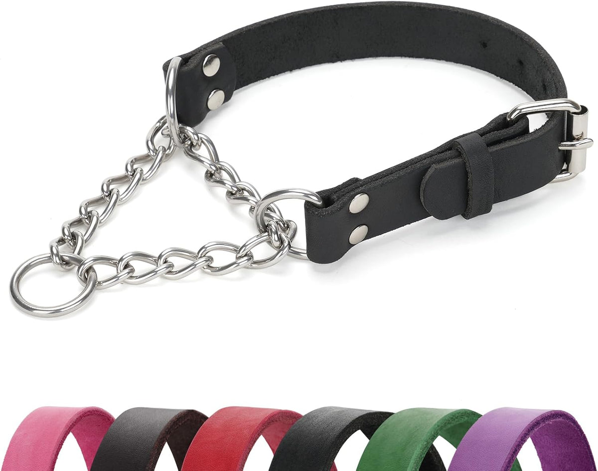 No-Pull Adjustable Martingale Collar for Dogs - Genuine Leather with Stainless Steel Chain, Anti-Slip Design for Small, Medium & Large Breeds - Black (M)