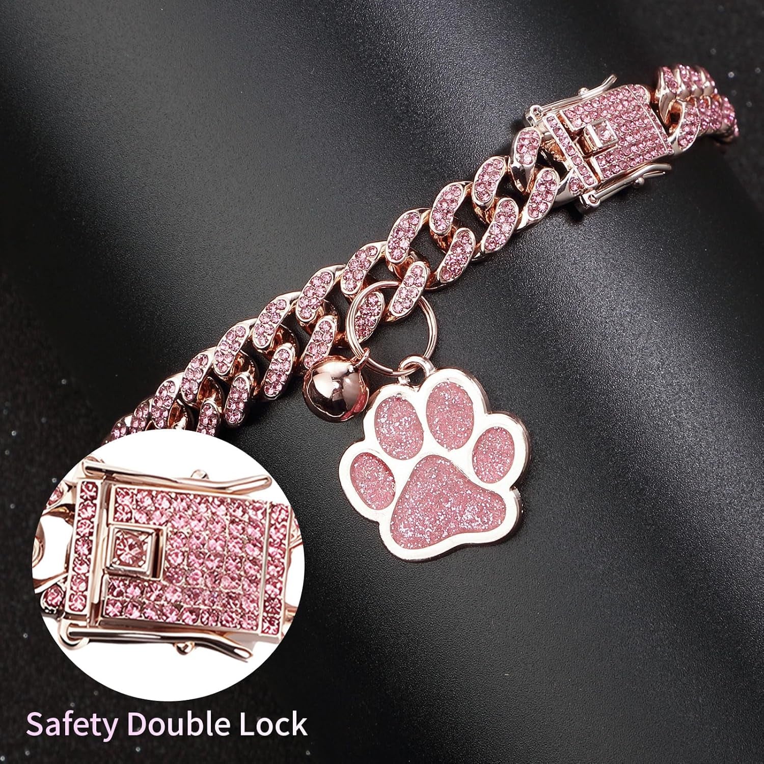 Cat Collar Diamond Chain Glitter Collar Walking Metal with Secure Buckle Cat Pet Necklace with Paw Charm and ID Tag Bell Link Cuban Jewelry Accessories Gift(8 Inch,Rose Gold, Pink)