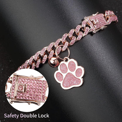 Cat Collar Diamond Chain Glitter Collar Walking Metal with Secure Buckle Cat Pet Necklace with Paw Charm and ID Tag Bell Link Cuban Jewelry Accessories Gift(8 Inch,Rose Gold, Pink)
