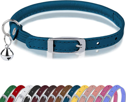 Rolled Leather Cat Collar with Bell, Reflective Kitten Collars with Buckle Include Safety Elastic Strap - Adjustable Small Pet Collars for Boy Girl Cats (White)