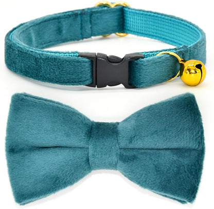 Cat Collars with Bowtie, Turquoise Velvet Cat Collar, Safety Breakaway Cat Collar