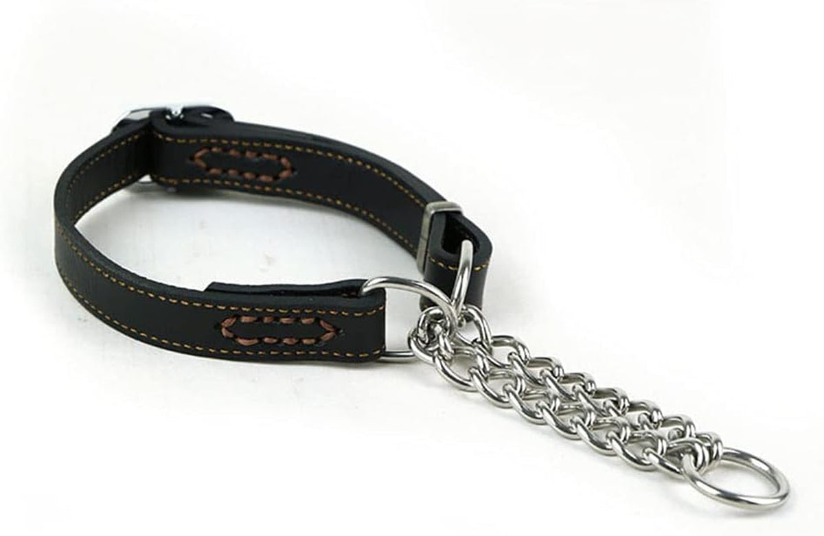 Soft Leather Martingale Dog Collar with Stainless Steel Chain | No-Pull Anti-Slip Design for Medium & Large Dogs
