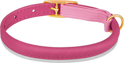 Rolled Leather Cat Collar with Bell - Reflective Kitten Collar with Safety Elastic Strap - Adjustable Small Pet Collars for Boy Girl Cats (Fuchsia)