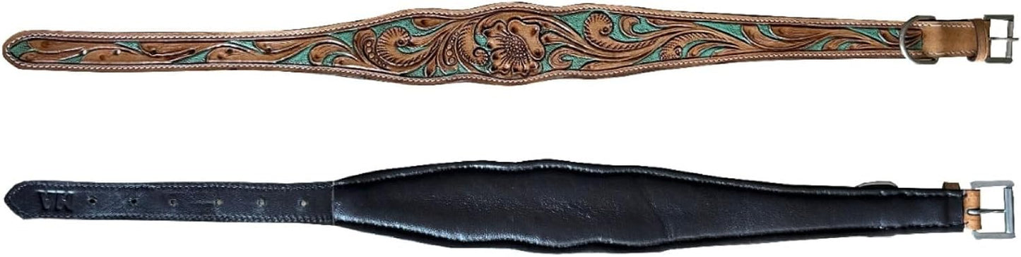 Hand Tooled Leather Dog Collar, Floral Design, Colored Inlay, Antique Natural Finish (Turquoise, Medium)