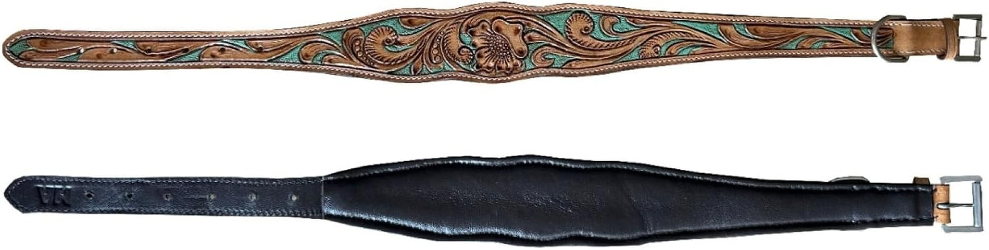 Hand Tooled Leather Dog Collar, Floral Design, Colored Inlay, Antique Natural Finish (Turquoise, Medium)