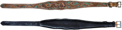 Hand Tooled Leather Dog Collar, Floral Design, Colored Inlay, Antique Natural Finish (Turquoise, Medium)