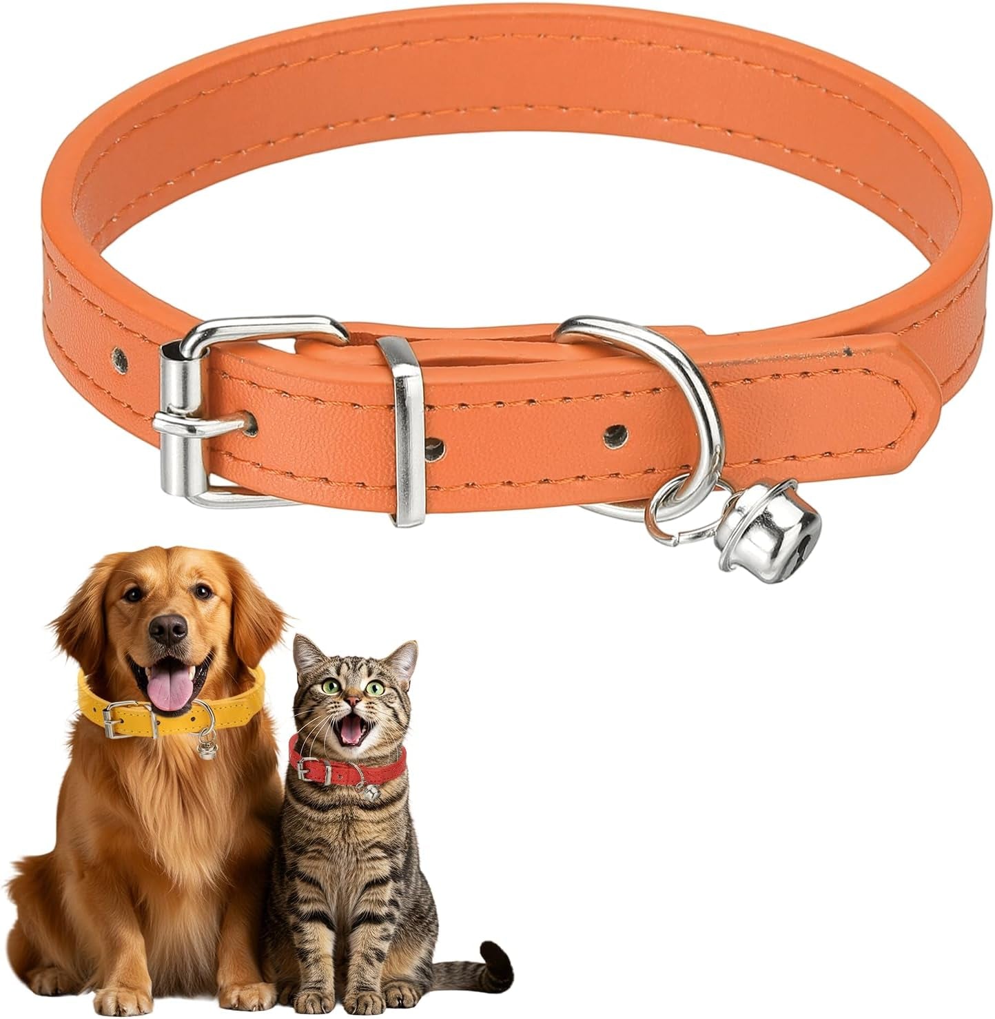 Dog Collar with Bell, Pu Leather Cat Collars Pet Basic Soft Padded Adjustable Buckle, 14.5" (Blue, 1 Pcs), Intended for Teacup/Little Dog/Kitten Cats/Small Animals