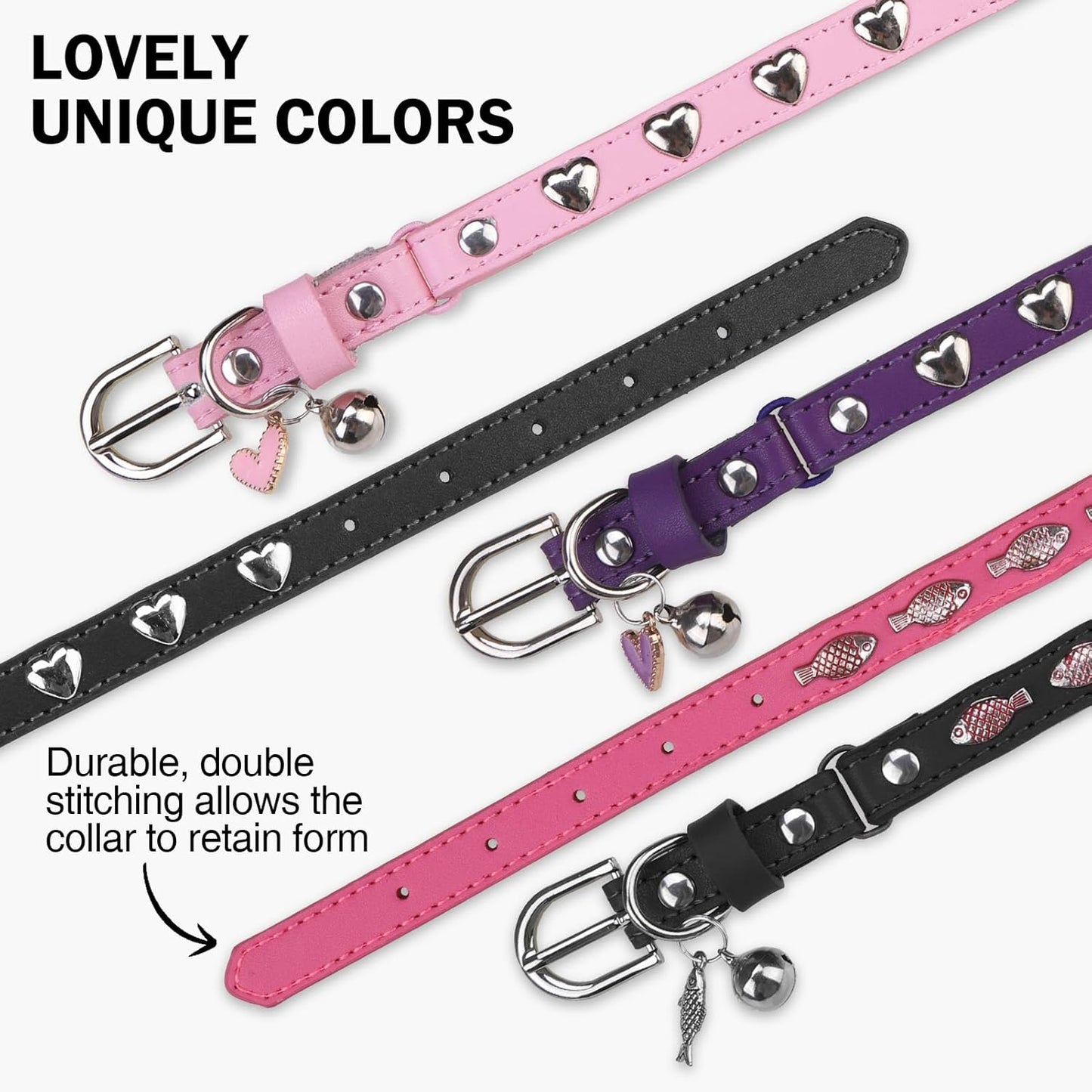 Leather Cat Collars for Boy Girl Cats with Bell and Safety Elastic Belt, Personalized Love and Fish Stud Adjustable Safe Buckle Collar for Kitty Small Big Cats Size 8-11 Inch, Black