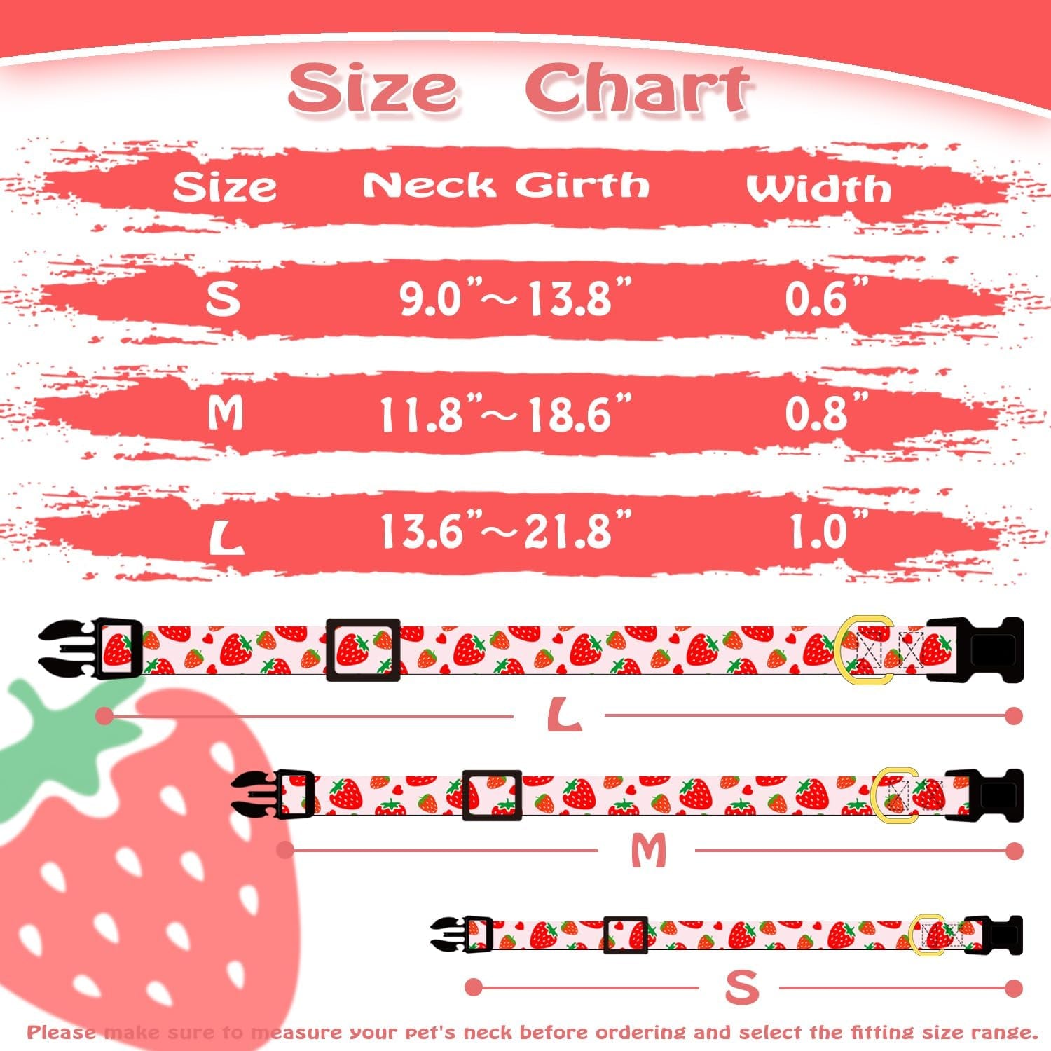 Cute Cotton Dog Collar for Small Medium Large Dogs Special Design Cute Pink Strawberry with Pendant for Girl Female Dogs Soft Adjustable Strawberry Puppy Collars for Girl Female Dogs Pet Collar
