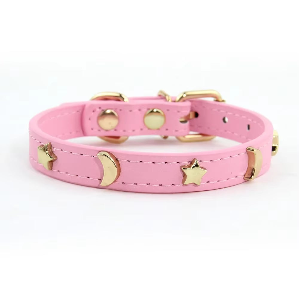 Cute Cat Collar Soft Leather Pet Collars for Small Dog Kitten Puppy Necklace Cat Accessories Star Moon Rivets Decoration XS-M