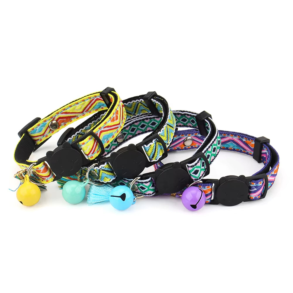 Adjustable Cat Collar Polyester Jacquard Pattern Pet Collar with Bell and Tassel Decoration for Cats and Small Dogs to Keep Lost