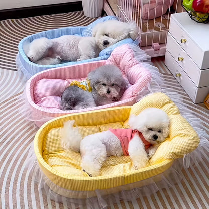 1Set Cute Lace-Trimmed Pet Princess Bed for Winter - Soft Polyester Plush Oval for Small Dogs/Cats, Easy Assembly Indoor Use