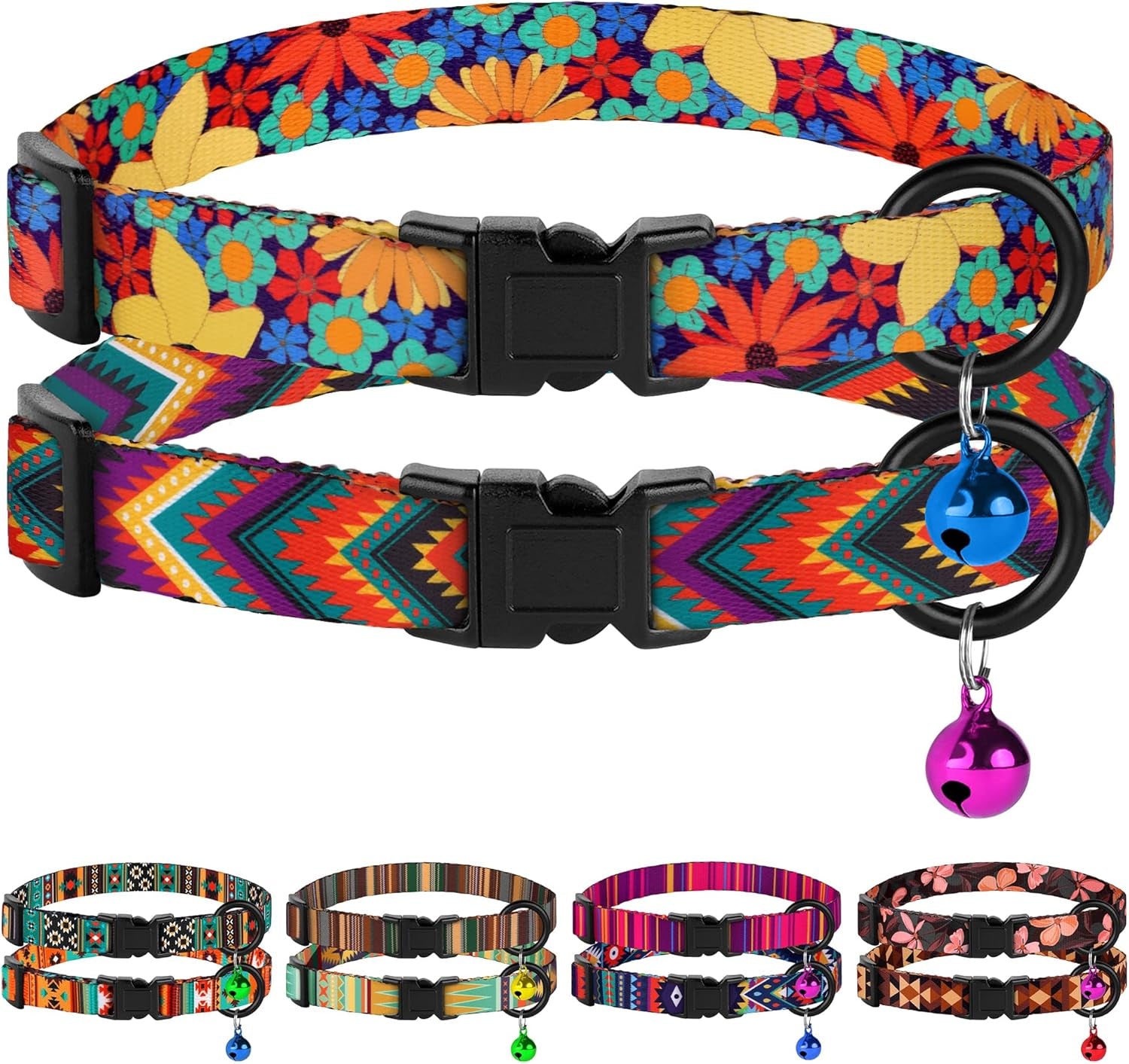 Cat Collars 2 Pack - Soft Cute Breakaway Collar with Bell, Adjustable Safety Kitten Collars for Girl & Boy Cats – Comfortable Stylish Patterned Print Lightweight (Tribal + Southwest)