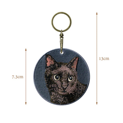1 Piece Double Sides Embroidered Cat Patch Key Chain - Cute Pet Themed Durable Keychain Key Ring for Easy Attachment