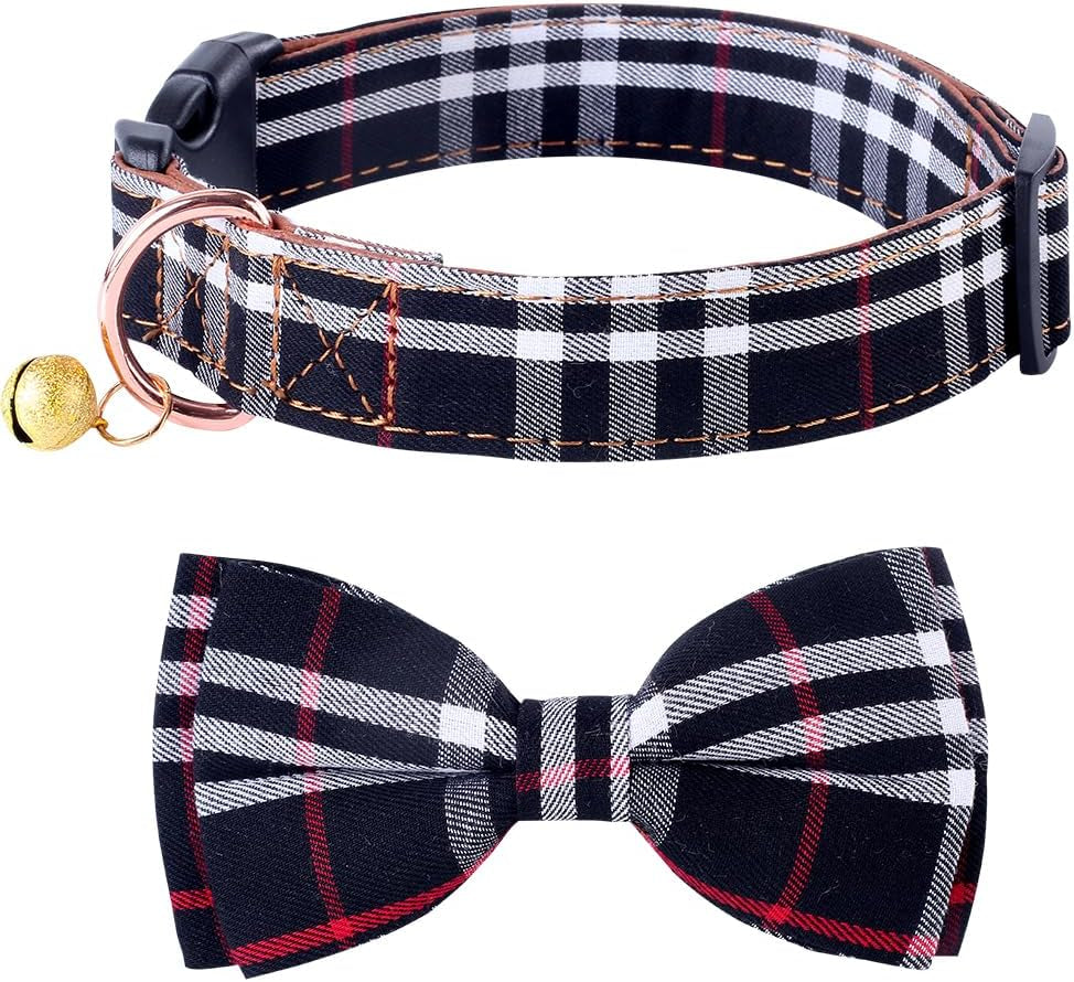 Dog Collar and Leash Set-Plaid Puppy Collar with Bow Tie - Adjustable Pet Collar for Dogs with Bell, Stylish Pattern for Small Medium or Large Boy and Girl Dog