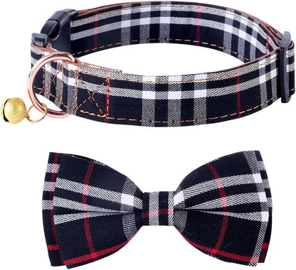 Dog Collar and Leash Set-Plaid Puppy Collar with Bow Tie - Adjustable Pet Collar for Dogs with Bell, Stylish Pattern for Small Medium or Large Boy and Girl Dog