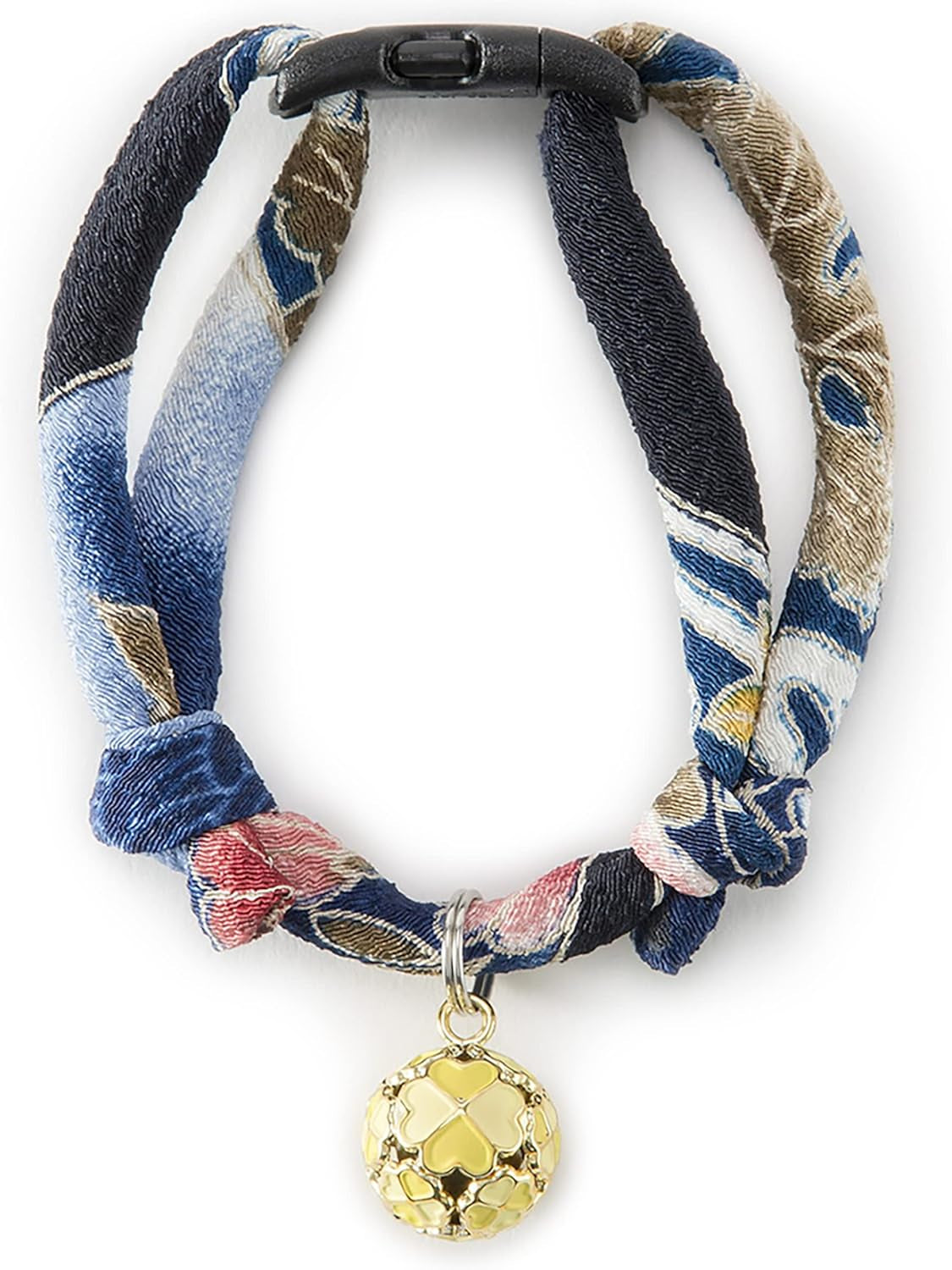 Chirimen Cat Collar with Clover Bell (Navy) with Bell Safety Breakaway Soft Lightweight for Cats Kitty Kitten Japanese Stylish Pattern, No.1 Seller in Japan
