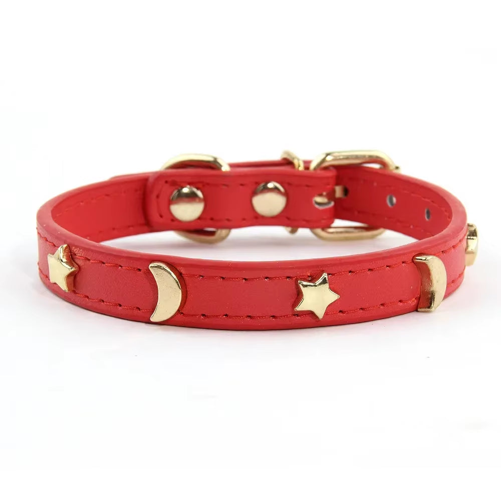 Cute Cat Collar Soft Leather Pet Collars for Small Dog Kitten Puppy Necklace Cat Accessories Star Moon Rivets Decoration XS-M