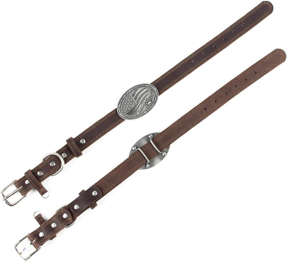 Western Cowboy Leather Dog Collar for Medium/Large Dogs, 14-18 Inch Neck, Premium Grain Leather, Heavy Duty Stainless Steel Hardware, Zinc Alloy Buckle