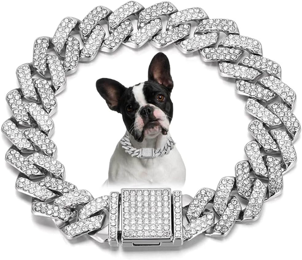 Blue Dog Chain Collar, Bling Diamond Cuban Link Puppy Collar Glitter Rhinestone Cat Collars for Small Medium Large Pet Dogs, 8-Inch