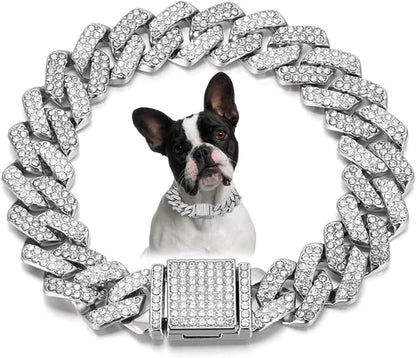 Blue Dog Chain Collar, Bling Diamond Cuban Link Puppy Collar Glitter Rhinestone Cat Collars for Small Medium Large Pet Dogs, 8-Inch