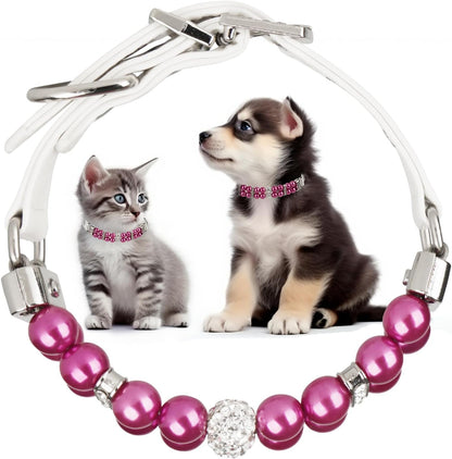 Luxury Pearl Pet Collar with Crystal Accents, Adjustable White Leather Strap, Rhinestone Decorative Design for Dogs and Cats (Fuchsia, XS(6"-8.8"))