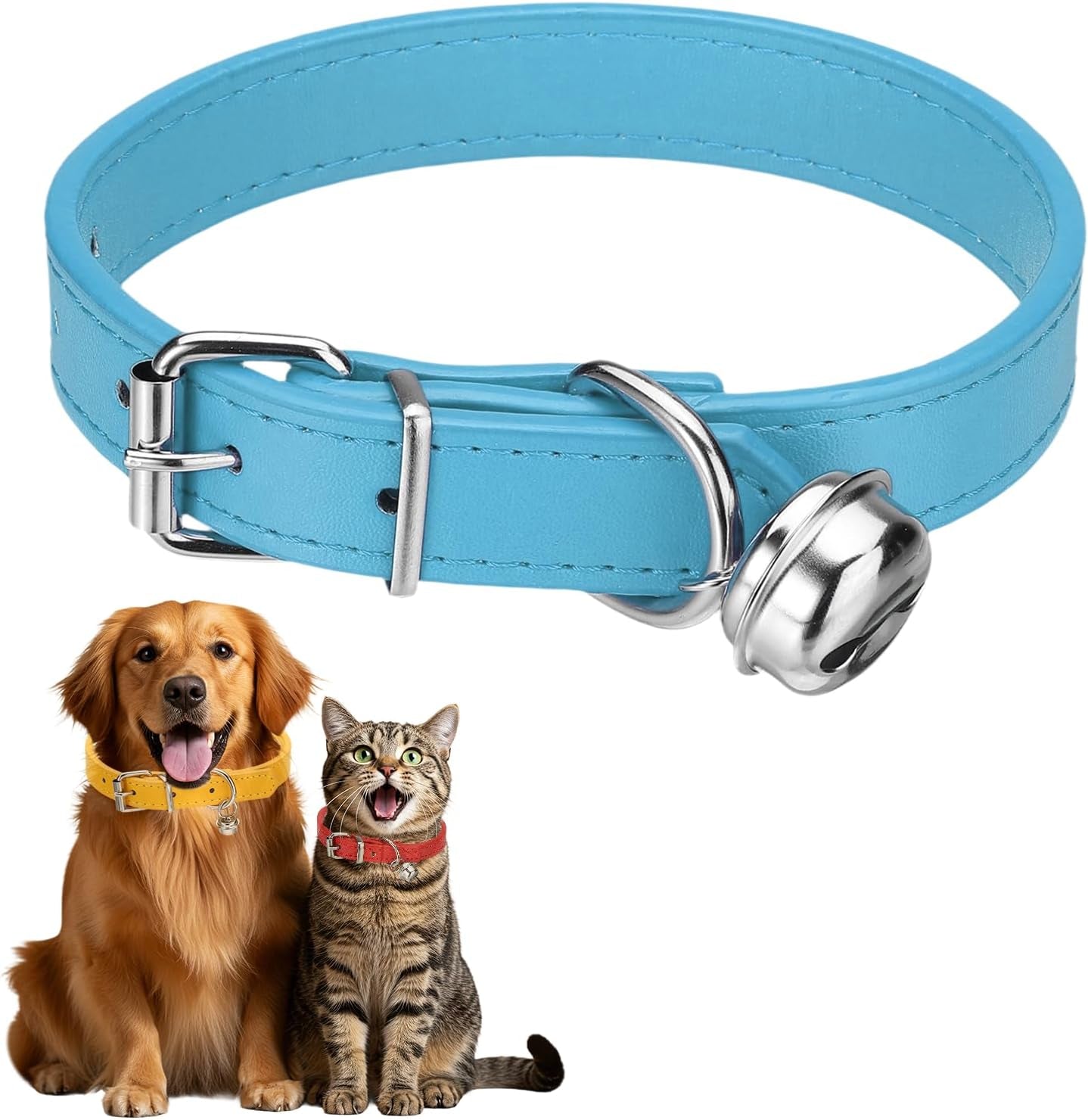 Dog Collar with Bell, Pu Leather Cat Collars Pet Basic Soft Padded Adjustable Buckle, 14.5" (Blue, 1 Pcs), Intended for Teacup/Little Dog/Kitten Cats/Small Animals