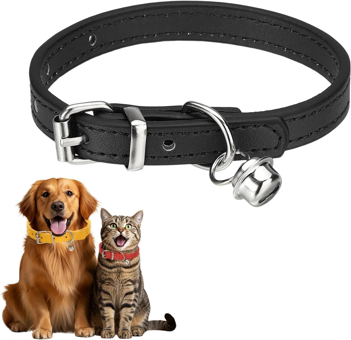 Dog Collar with Bell, Pu Leather Cat Collars Pet Basic Soft Padded Adjustable Buckle, 14.5" (Blue, 1 Pcs), Intended for Teacup/Little Dog/Kitten Cats/Small Animals