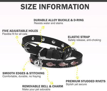 Leather Cat Collars for Boy Girl Cats with Bell and Safety Elastic Belt, Personalized Love and Fish Stud Adjustable Safe Buckle Collar for Kitty Small Big Cats Size 8-11 Inch, Black