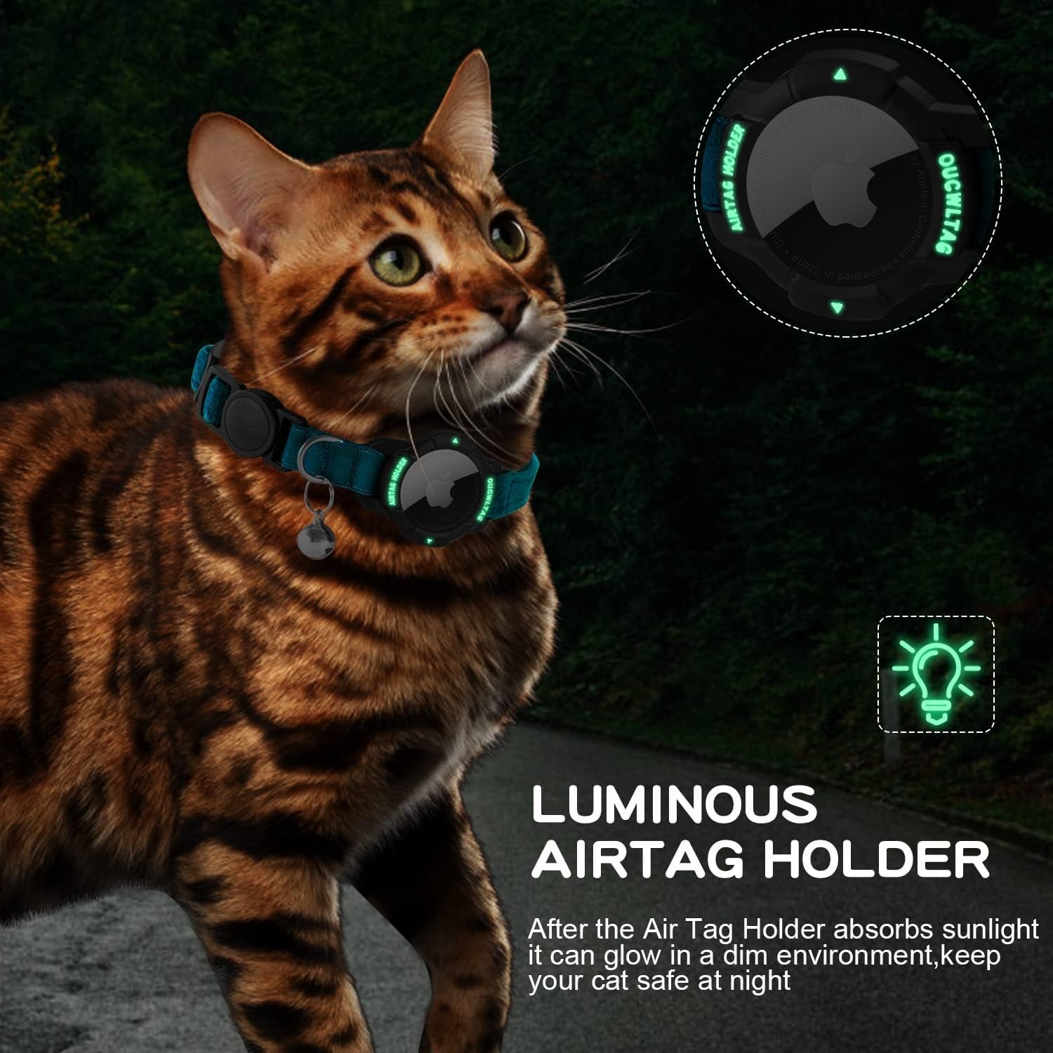 Luminous Airtag Cat Collar Breakaway,  GPS Cat Collar with Apple Air Tag Holder, Cat Tracker Collars with Safety Elastic Band for Girl Boy Cats, Kittens and Puppies (Blue, 9-13 Inch)