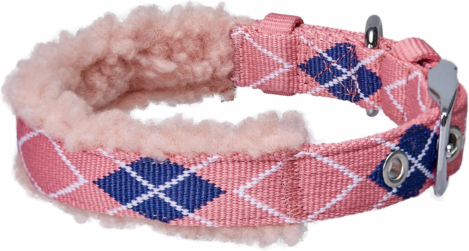 Soft & Comfy Scottish Argyle Padded Dog Collar - Pink, 13-16.5" Neck for Medium Pets, Adjustable Dog Collars for Small Dogs, Puppy Collar, Small Dog Collar, Sherpa Fleece, Metal Buckle