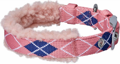 Soft & Comfy Scottish Argyle Padded Dog Collar - Pink, 13-16.5" Neck for Medium Pets, Adjustable Dog Collars for Small Dogs, Puppy Collar, Small Dog Collar, Sherpa Fleece, Metal Buckle