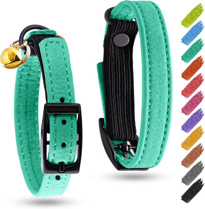 Leather Cat Collar with Bell and Safety Elastic Strap Breakaway Alternative for Small & Large Kittens, Stylish Pet Leather Collar for Boy, Girl Cats with Metal Buckle & QR ID Tag (Green)