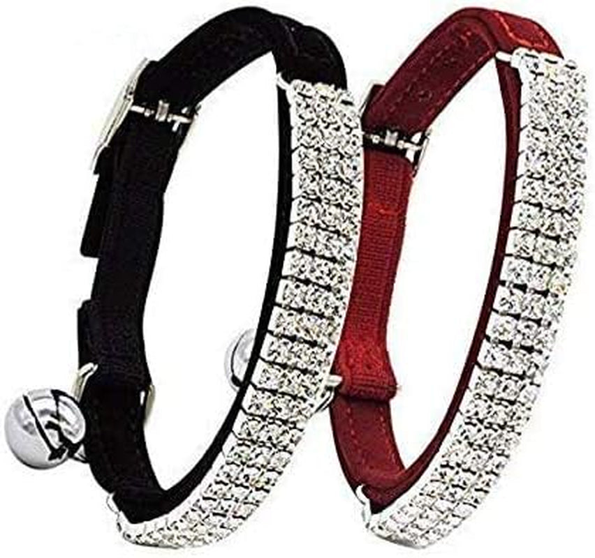 Soft Velvet Safe Cat Adjustable Collar Bling Diamante with Bells,11 Inch for Small Dogs and Cats (Black)