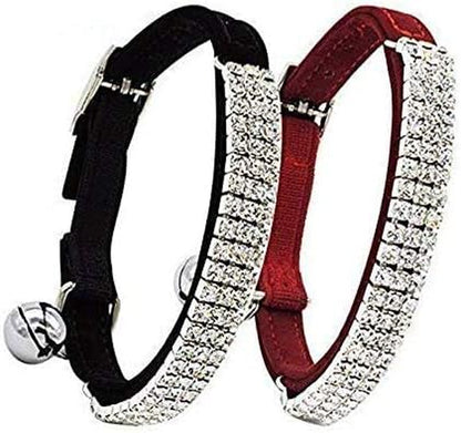 Soft Velvet Safe Cat Adjustable Collar Bling Diamante with Bells,11 Inch for Small Dogs and Cats (Black)