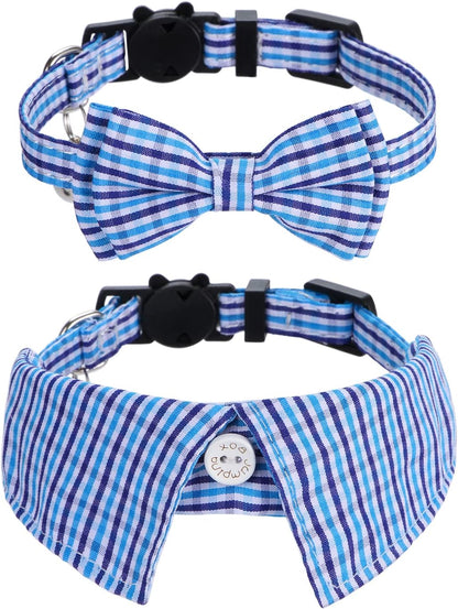 2 Pack/Set Cat Collar with Cute Bow Tie and Bell,Breakaway Plaid Shirt Collar for Kitty Adjustable Safety