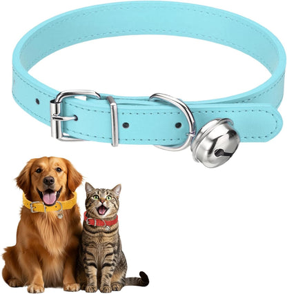 Dog Collar with Bell, Pu Leather Cat Collars Pet Basic Soft Padded Adjustable Buckle, 14.5" (Blue, 1 Pcs), Intended for Teacup/Little Dog/Kitten Cats/Small Animals