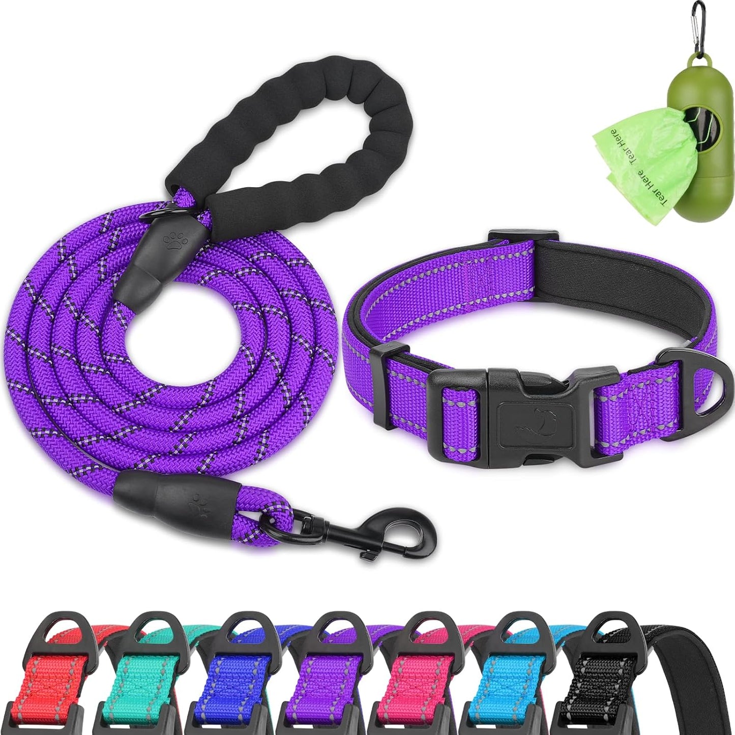 Reflective Dog Collar and Leash Set, 6FT Strong Climbing Rope Leash with Padded Handle, Adjustable Pet Collar with Soft Neoprene Padding for Large Dogs, Teal, L