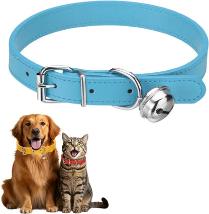 Dog Collar with Bell, Pu Leather Cat Collars Pet Basic Soft Padded Adjustable Buckle, 14.5" (Blue, 1 Pcs), Intended for Teacup/Little Dog/Kitten Cats/Small Animals
