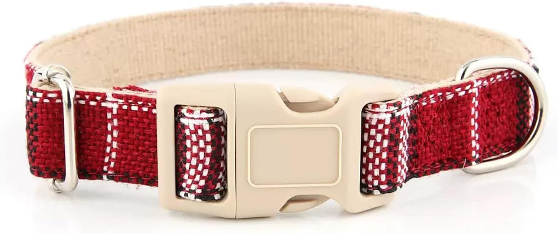 Cotton Hemp Pet Collar, Adjustable Collar for Dogs and Cats, Heavy Duty and Soft on Skin, Holiday Red Plaid, Medium Size